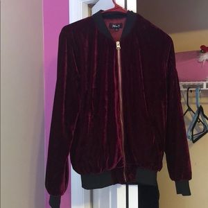 Burgundy velvet bomber jacket